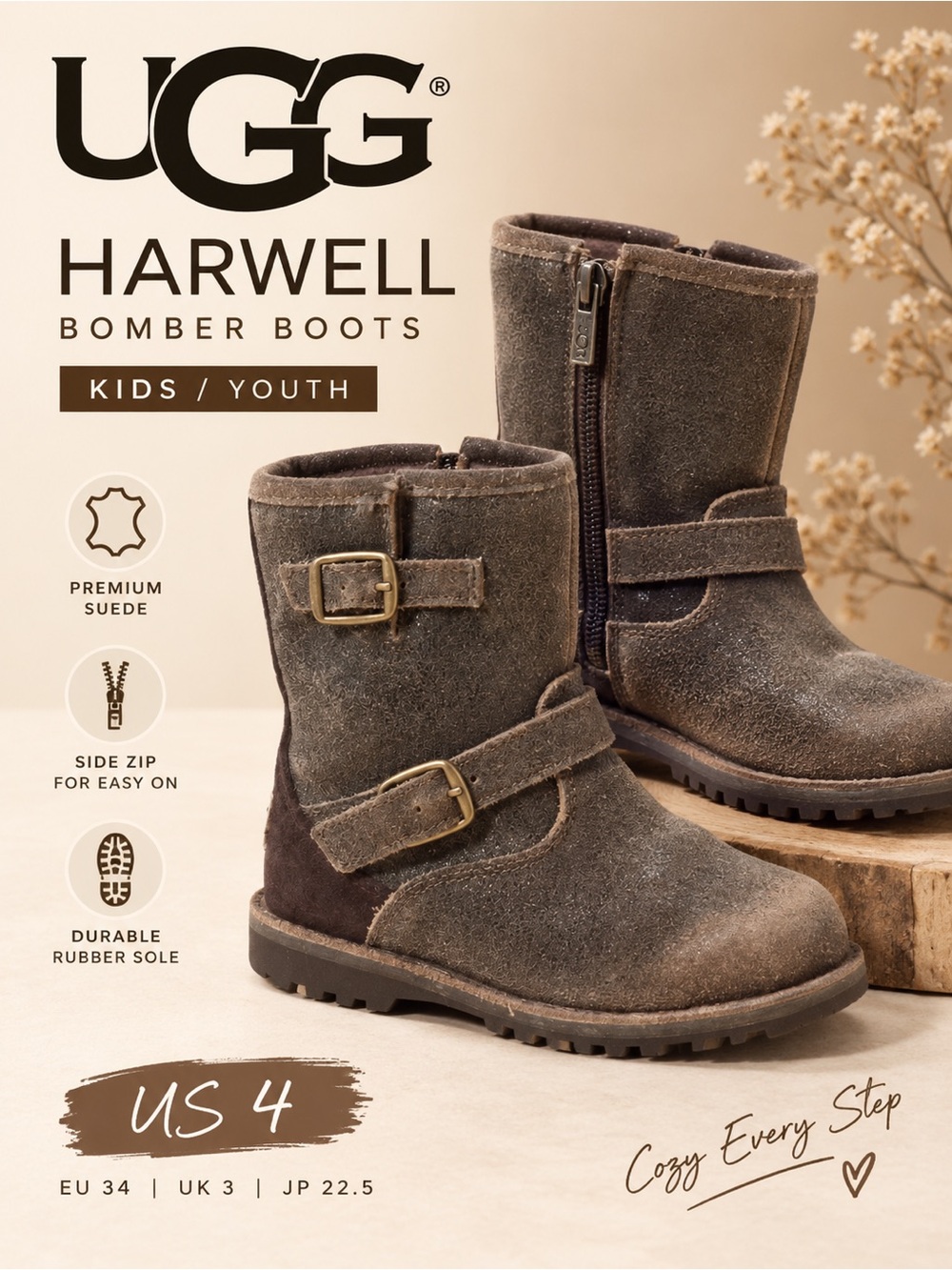 UGG Harwell Bomber Boots Brown Distressed Suede Buckle Kids Youth Size 4
